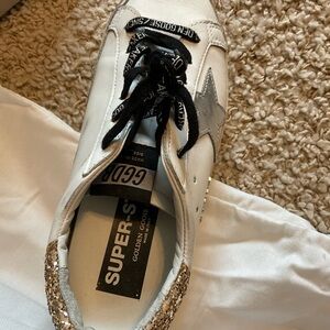 Golden Goose White and Silver Sneakers with Gold Heel